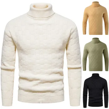 Мягкий теплый свитер из жаккарда в клетку, мужской зимний модный однотонный трикотаж с длинным рукавом, круглый вырез, вязаный свитер, приталенный топ