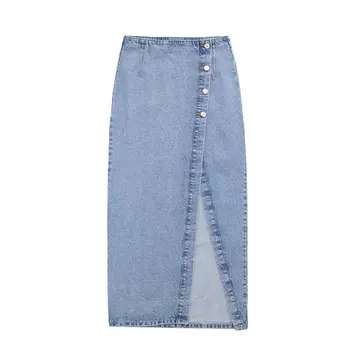 Новая Корейская джинсовая юбка с разрезом сбоку 2023, женские повседневные юбки миди с высокой талией, женская уличная юбка