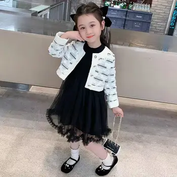 Новая юбка для маленькой девочки, весенне-осеннее модное детское пальто-кардиган + комплект юбок из пряжи с длинными рукавами из 2 предметов