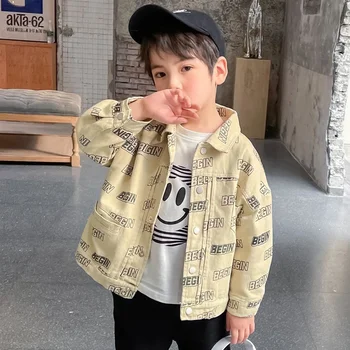 Новое корейское весеннее джинсовое пальто для маленьких мальчиков, бежевая джинсовая куртка, детская одежда, куртки для девочек-подростков, женская одежда, Детская верхняя одежда