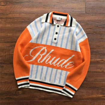 Новые летние Жаккардовые свитера в стиле пэчворк с буквами Rhude Для мужчин и женщин 1: 1 Оранжевые модные свитшоты высшего качества