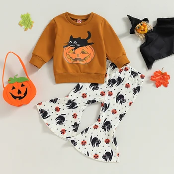 Одежда для девочек на Хэллоуин от 0 до 4 лет, толстовка с длинными рукавами и расклешенными штанами с рисунком тыквы и черного кота, комплект из 2 предметов