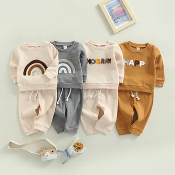 Одежда для маленьких девочек и мальчиков из 2 предметов, весенне-осенний наряд с буквенным/радужным рисунком, пуловер с круглым вырезом и эластичной талией, длинные брюки