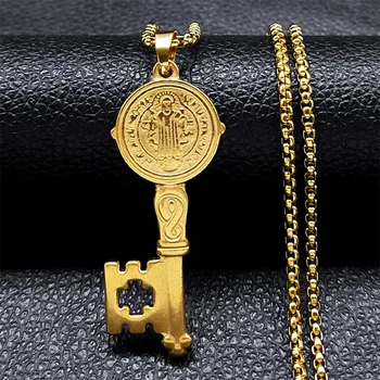 Ожерелье с подвеской в виде медали Святого Бенедикта, женское, мужское, из нержавеющей стали, золотого цвета, цепочка в форме ключа, христианские религиозные украшения