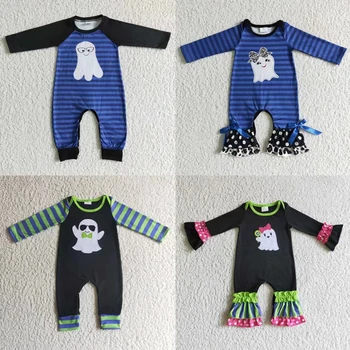 Оптовая Продажа, Комбинезон с привидениями для новорожденных на Хэллоуин, Подходящий для маленьких мальчиков и девочек, комбинезон с длинными рукавами в полоску для малышей, цельный комплект ужасов