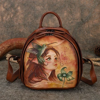 Оригинальный кожаный рюкзак ручной работы с рисунком большой емкости, женский модный универсальный рюкзак