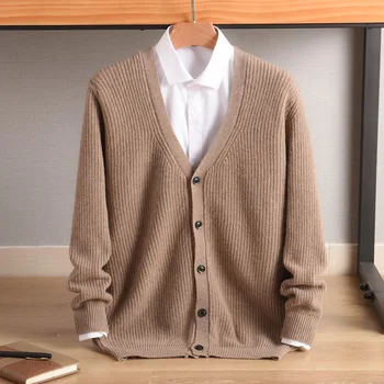 Осенне-зимнее Корейское новое мужское пальто из 100% чистой шерсти, однотонный кардиган с V-образным вырезом, высококачественный дышащий свитер