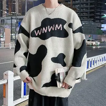 Осенне-зимний свитер с утолщением из коровьей шерсти, мужской контрастный свободный свитер с круглым вырезом, мужской трикотаж в корейском стиле, модное нижнее белье