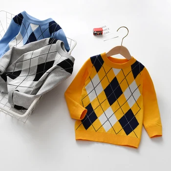 Осенне-зимний теплый свитер для мальчиков, клетчатый свитер с длинными рукавами, вязаный свитер для мальчиков в стиле колледжа