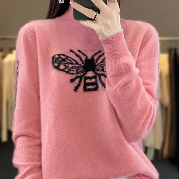 Осенне-зимняя новая шерстяная трикотажная рубашка с воротником наполовину с бабочкой, женский свободный пуловер, свитер с длинным рукавом