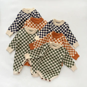 Осенняя одежда для новорожденных мальчиков и девочек в скандинавском стиле, винтажная клетчатая вязаная одежда для детей, Повседневная комфортная Детская одежда