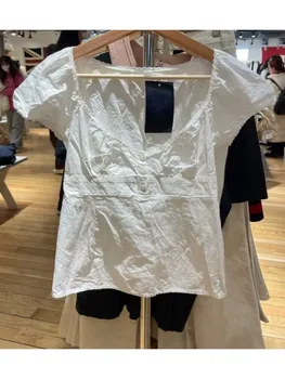 Повседневные женские белые футболки из мягкого хлопка 2023, летние модные женские повседневные топы с кружевным краем, с короткими пышными рукавами и полосатым принтом