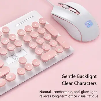 Портативная розовая клавиатура и мышь в стиле ретро, проводная игровая клавиатура в стиле стимпанк с круглым колпачком для клавиш, Мультимедийная кнопочная клавиатура и мышь, набор