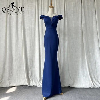 Простые темно-синие вечерние платья с открытыми плечами, платье для выпускного вечера в стиле Русалки, Длинные вечерние платья с боковыми рукавами, Элегантное шикарное темно-синее платье для выпускного вечера с V-образным вырезом