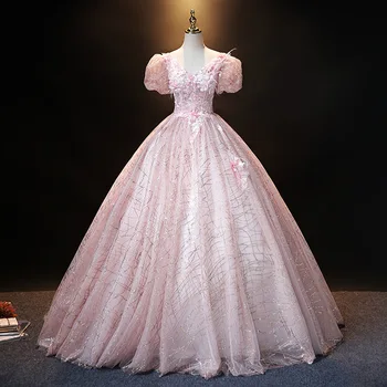 Пышные платья Bomaris с V-образным вырезом и короткими рукавами для 15-й вечеринки, Очаровательные вечерние платья Золушки с 3D-аппликацией в виде цветка