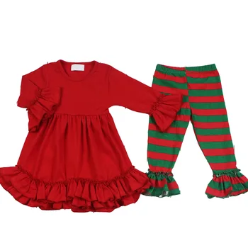 Рождественское платье для девочки, кружевное платье с длинным рукавом, топ + брюки в красную и зеленую полоску, ткань из красного молочного шелка