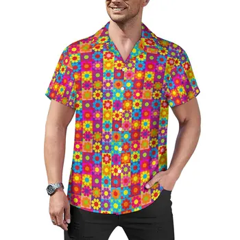 Рубашка для отпуска Flower Power, Гавайские повседневные рубашки с квадратным принтом, мужские модные блузки, топ с коротким рукавом и рисунком, большие размеры