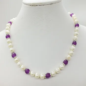 Ручной работы, 8-9 мм, белый пресноводный жемчуг, ожерелье из фиолетового камня, 18 дюймов для женщин, модные украшения