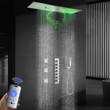 Светодиодная душевая система с музыкальным динамиком 36 * 12-дюймовая насадка для душа с водопадом для ванной комнаты Комплект термостатической душевой системы