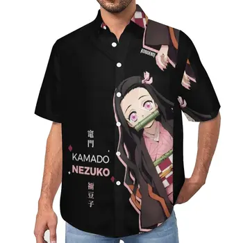 Свободная рубашка Nezuko, мужские пляжные повседневные рубашки из японского аниме, гавайский дизайн, блузки Harajuku с коротким рукавом, оверсайз