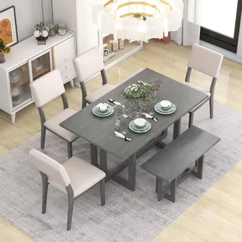 Серый деревянный обеденный стол из 6 предметов с Н-образной опорой, обеденный стол, четыре стула с мягкими подушками и одна деревянная скамейка