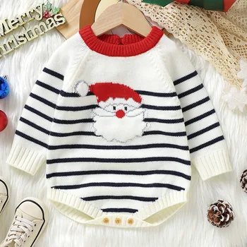 Удобные Рождественские свитера-комбинезоны Одежда для маленьких девочек от 0 до 12 месяцев Для новорожденных мальчиков Полосатые жаккардовые трикотажные боди