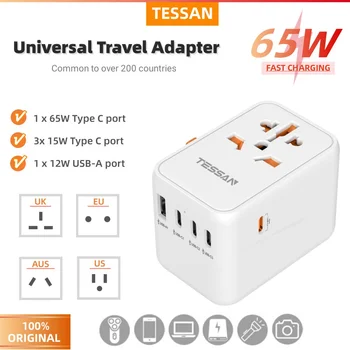 Универсальный адаптер для путешествий TESSAN 65W для быстрой зарядки PD с 1 портом USB и 4 адаптерами Type C, для путешествий по всему миру для ЕС, Великобритании, США, Австралии