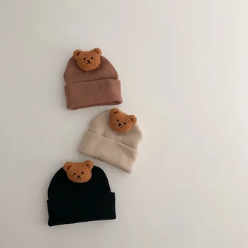 Шапка с медвежонком, Корейская Детская осенне-зимняя шапка, Вязаная теплая шапочка с милым медвежонком, шапочка для новорожденных, однотонная шапочка для маленьких девочек и мальчиков, мягкая