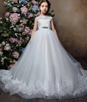 Элегантные детские платья с цветочным узором для девочек, белые кружевные аппликации, тюль, детское торжественное платье для свадьбы, Святое Платье для Первого причастия, от 1 до 16 лет