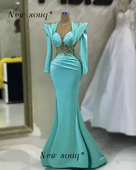 Элегантные синие вечерние платья мусульманской Русалки с длинными рукавами 2023, арабские бусы, кристаллы, вечерние платья, женская свадебная одежда