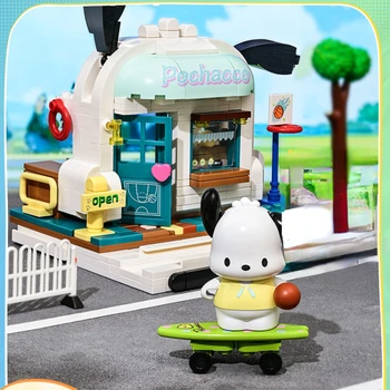 【Новый продукт 】 Строительный блок Sanrio серии Street View Pochacco, модель Kuromi, игрушки-декорации, фигурки, праздничные подарки